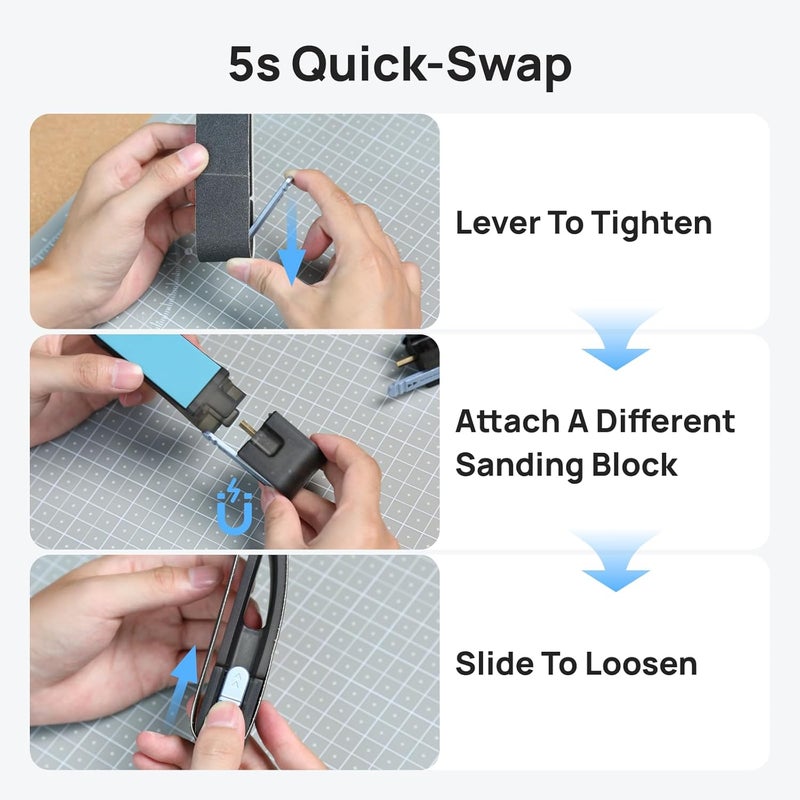 HOZO NeoBlock Premium Gift Combo – 1 Handle + 3 Swappable Heads (Basic, Pro, Expert) with 60Pcs Sanding Belts (120/180/240/400/600/800 Grit, 10 Each), Gift-Box Packaging for DIY & 3D Printing Lovers - Image 4